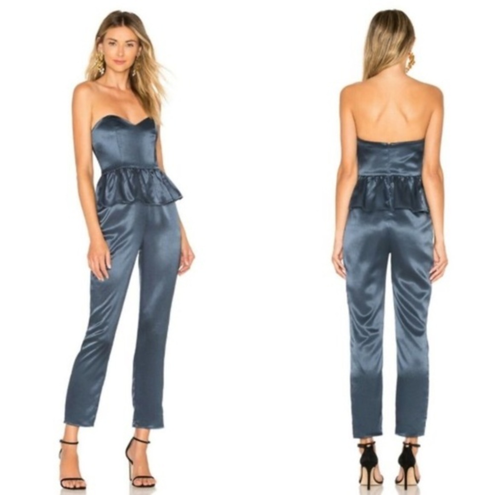 Lovers + Friends ‘Nico’ Strapless Peplum Jumpsuit in Steel Blue Size XXS